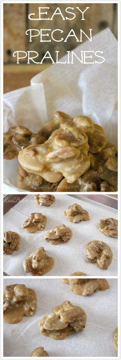 some cookies that are sitting on top of a paper towel and in front of the words easy pecan pralines