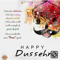 happy dussera with an artistic mask on the face and colorful paint splatters