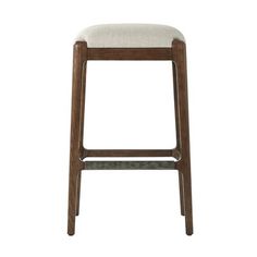 an upholstered bar stool with a white fabric seat pad and wood frame, viewed from the front