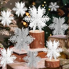 there are snowflakes on the tree stumps