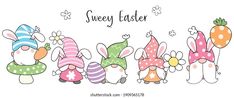 an easter card with some bunny rabbits and carrots in different colors on the same page