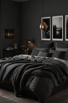 a large bed sitting next to two pictures on the wall in a dark colored room