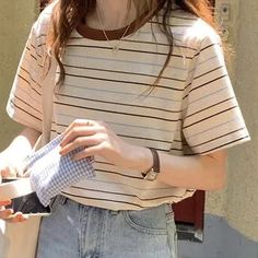 Dute - Short-Sleeve Striped T-Shirt Casual Outfit Inspiration, Korean Casual Outfits, Everyday Fashion Outfits, Casual Day Outfits, Quick Outfits, Stylish Work Outfits, Easy Trendy Outfits, Striped T Shirt, Fashion Hacks Clothes