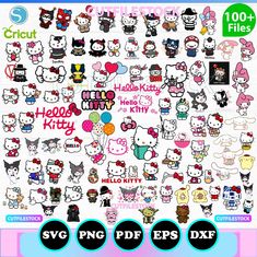 hello kitty stickers are shown in different colors and sizes, with the words hello kitty on