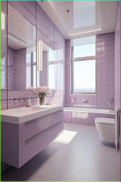 a bathroom with purple walls and flooring next to a bathtub in the corner