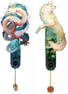 two clocks with animals on them hanging from chains