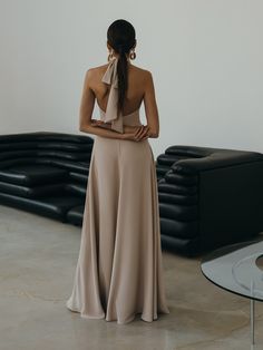 Sleeveless Evening Maxi Dress With Lace-up Back, Satin Maxi Dress With Fitted Bodice, Fitted Long Backless Dress With Tie Back, Elegant Full-length Bridesmaid Maxi Dress, Elegant Bridesmaid Full-length Maxi Dress, Elegant Formal Maxi Dress With Lace-up Back, Bridesmaid Evening Dress With Back Opening, Floor-length Bridesmaid Dress With Back Opening, Elegant Halter Neck Maxi Dress With Tie Back