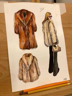 an artist's drawing of furs and coats on a piece of white paper