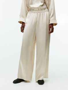 Silk Trousers - Light Beige - ARKET Chic Silk Pants For Daywear, Elegant Silk Wide Leg Pants With Elastic Waistband, Silk Wide Leg Pants With Elastic Waistband For Work, Elegant Viscose Pants For Daywear, Silk Wide-leg Daywear Pants, Silk Wide-leg Pants For Daywear, Elegant Silk Pants With Relaxed Fit, Elegant Relaxed Fit Silk Pants, Elegant Pants With Straight Hem For Daywear