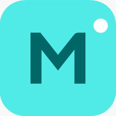 the letter m on a blue square with white dots in the middle and black letters below it