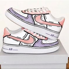 Custom Painted Nike Air Force 1s Painted With Angelus Leather Paint Finished And Sealed With Angelus Finisher (Waterproof) “Cotton Candy Cartoon” Design Colors Can Be Adjusted All Sizes Available (Womens, Men’s And Kids) Processing Time: 1-2 Follow And Dm Me On My Sneaker Ig (@_lacedbylee) For A Discounted Price On The Shoes Kasut Nike, Shoes Disney, Shoes Cartoon, Custom Shoes Diy, Diy Sneakers, Nike Shoes Air Force, White Nike Shoes, Nike Shoes Girls, Preppy Shoes