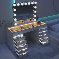 An LED vanity mirror glowing brightly on a beauty vanity setup. Ikea Drawer Organizer, Vanity Inspo, Light Up Mirror, Hollywood Vanity Mirror, Vanity Mirror With Lights, Mirror Drawers, Lighted Vanity, Hollywood Vanity, Portable Mirror