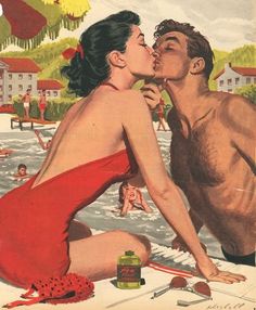 a man kissing a woman on the beach with other people in the water behind him