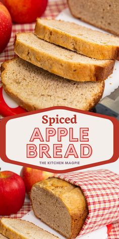 sliced apple bread on a red and white checkered cloth with apples in the background