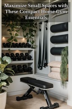 a home gym with an exercise bench and wall hangings in the background text reads, how to minimize small spaces with these compact home gym essentials