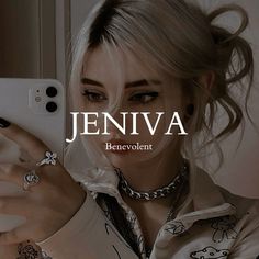 a woman holding a cell phone up to her face with the words jennya on it