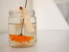 a glass jar filled with water and an orange flower