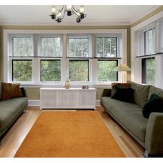 a living room with two couches and a rug in front of the windows,