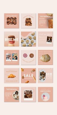 a pink and white poster with different types of pastries on the front, side and back