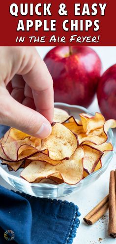 an apple chips recipe in a glass bowl with cinnamon sticks and apples around the edges