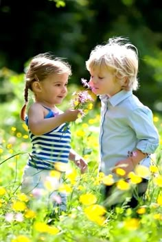 two young children standing in a field with flowers