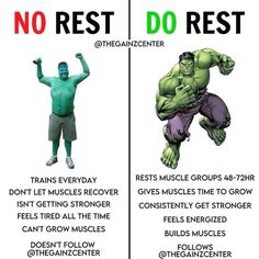 two pictures with the same person doing different things in front of each other, one has an image of hulk and the other says no rest do rest