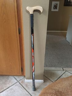 a baseball bat leaning up against the wall in front of a door with a dog looking at it