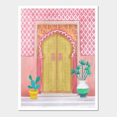 a painting of a door and potted plants on a ledge in front of a pink wall