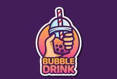 a hand holding a drink with the word bubble drink on it, in front of a purple