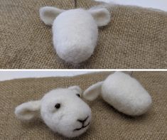 two pictures of stuffed animals on top of burlocked material, one is white and the other has black eyes