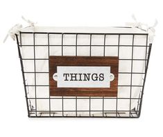 a basket with the words things on it