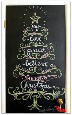 a chalkboard christmas tree is on the door