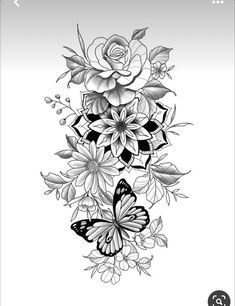 a black and white drawing of flowers with butterflies