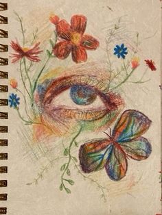 a drawing of an eye surrounded by flowers and butterflies