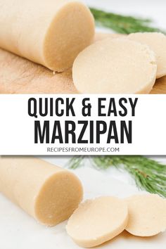 sliced garlic bread on a cutting board with text overlay that reads quick and easy marzipan