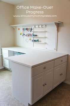 an office make - over is shown in the middle of a room with tile flooring