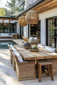 an outdoor dining area with wicker chairs and table next to the pool in front of it