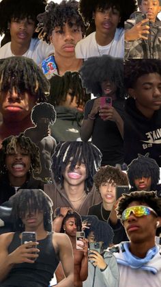 a collage of black people with different hair styles and colors, all looking at their cell phones