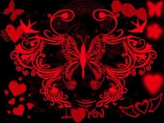 red butterflies and hearts on a black background