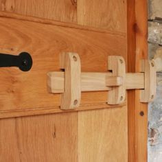 a close up of a door handle on a wooden door