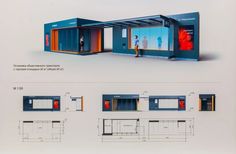 an architectural drawing of a bus stop with its doors open and people standing inside it