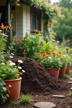 several potted plants and dirt in front of a house with butterflies flying over them