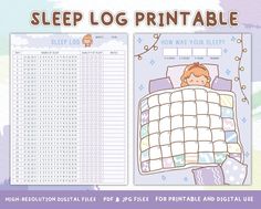 the sleep log printable is shown with an image of a child sleeping in bed