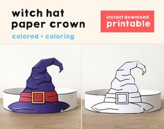 three paper hats with the words witch hat on them and an image of a wizard's hat