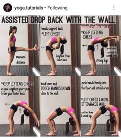 a woman doing yoga poses in front of a wall with instructions on how to do the splits