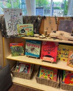 children's books are on display in the library