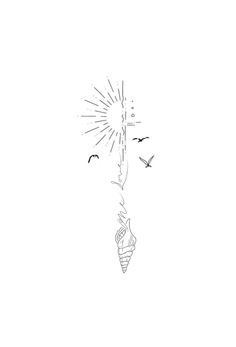 a drawing of a dandelion with birds flying around it