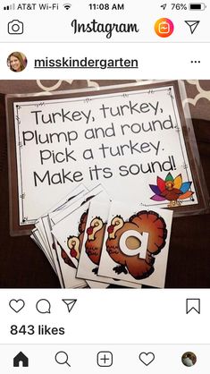 an instagram page for thanksgiving turkey, turkey, and pumpkin themed activities to teach children about the letter g