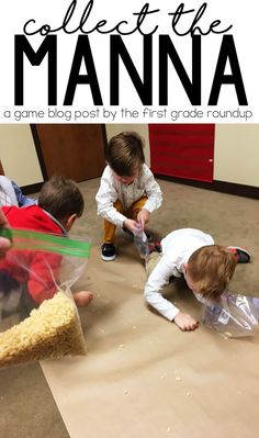 three children are playing with plastic bags on the floor and one child is trying to put something in it