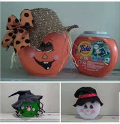 three pictures of pumpkins with hats on them